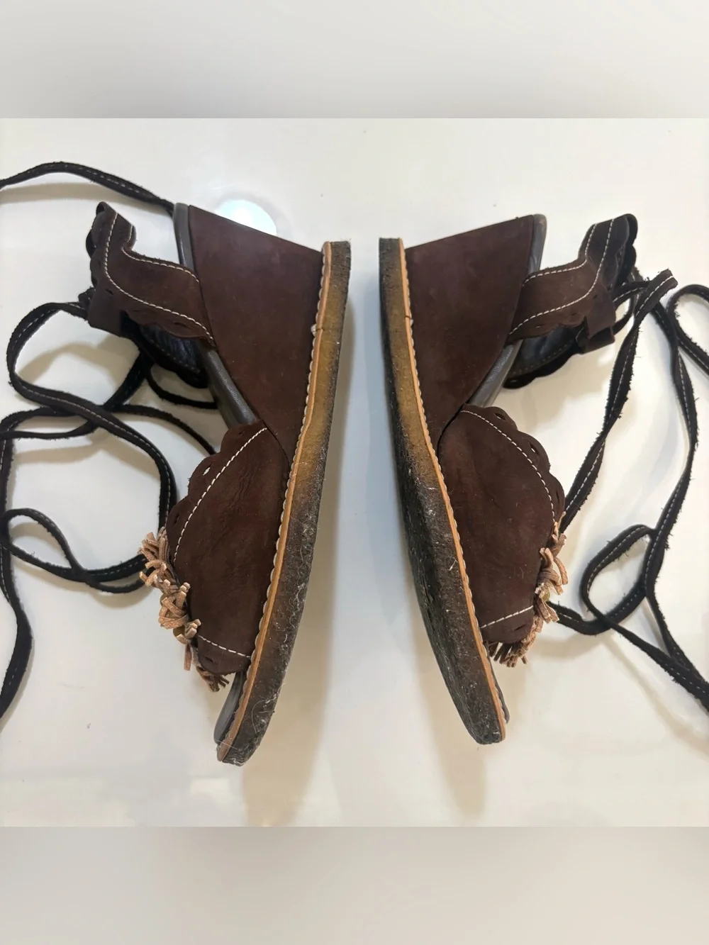 Brown Women's Floral Leather/Suede Lace-Up Wedge Sandals